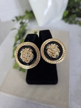 Gold and Black Enamel Clip On Earrings Lion Head with Greek Key Design
